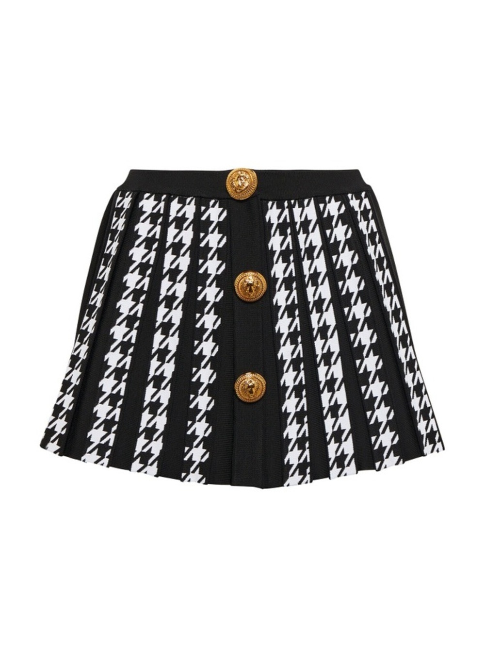 BALMAIN Paris Houndstooth Pleated Knit Mini Skirt w/ Gold Coin Buttons Sz 36